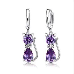 925 Sterling Silver Purple Crystal Cat Huggie Dangle Earrings